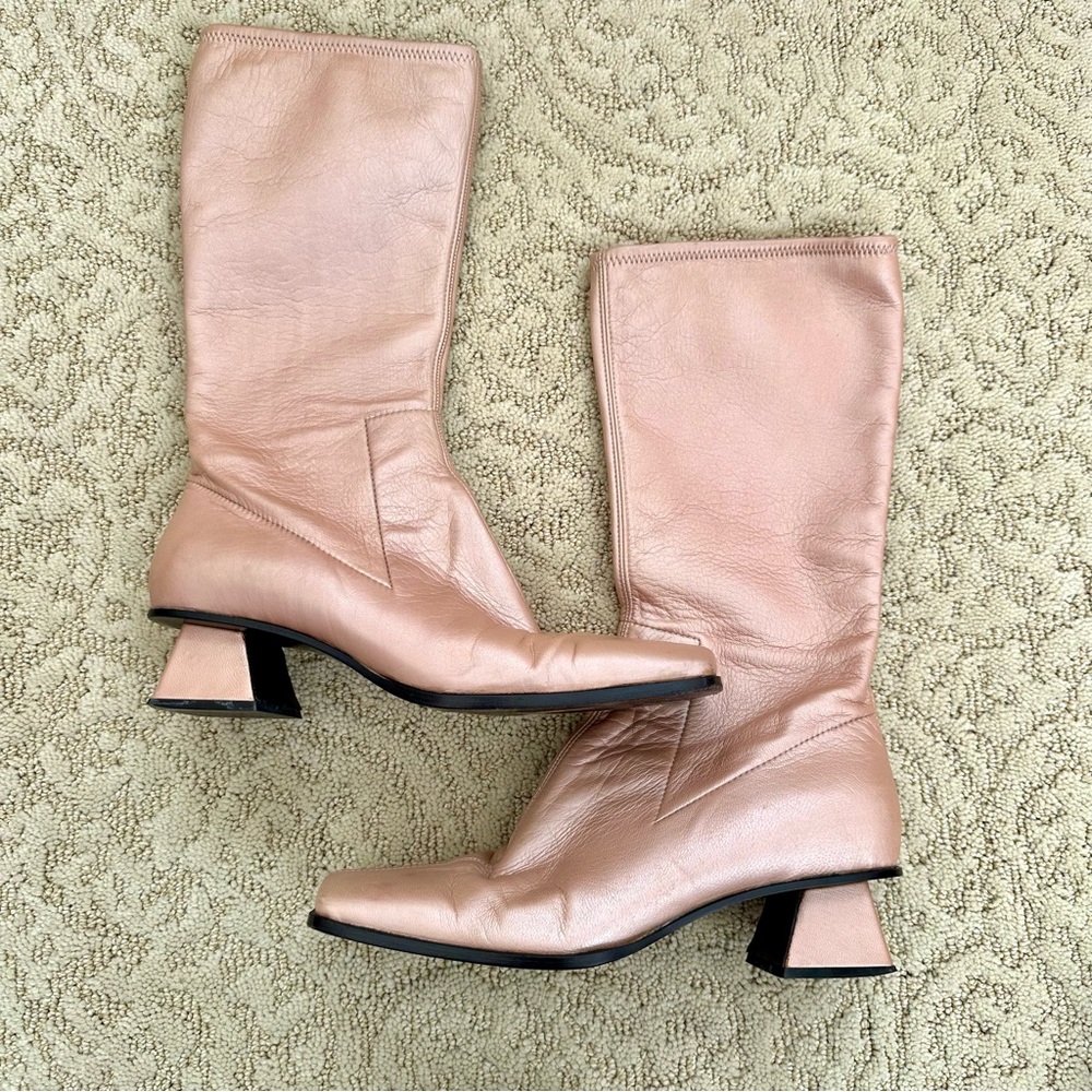 MIU MIU Peach Shimmer Leather Boots Heels High End Luxury Excellent Condition